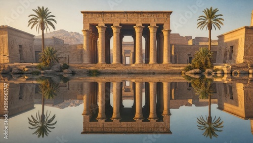 Photos Ancient Egyptian temple colonnade reflected in calm Nile waters at dawn