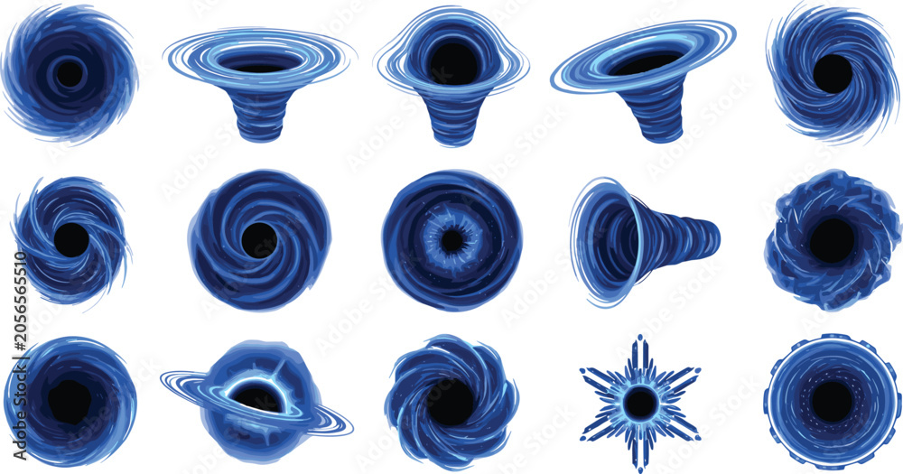 Obraz premium Black Hole and Space Vortex Vector Collection with Cosmic Singularity Effects, Deep Space Portals, Gravitational Funnels and Futuristic Astronomy Elements