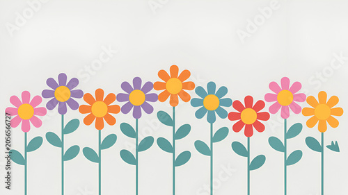 Colorful daisy flowers in a row with green stems and leaves during daylight with copy space for text
