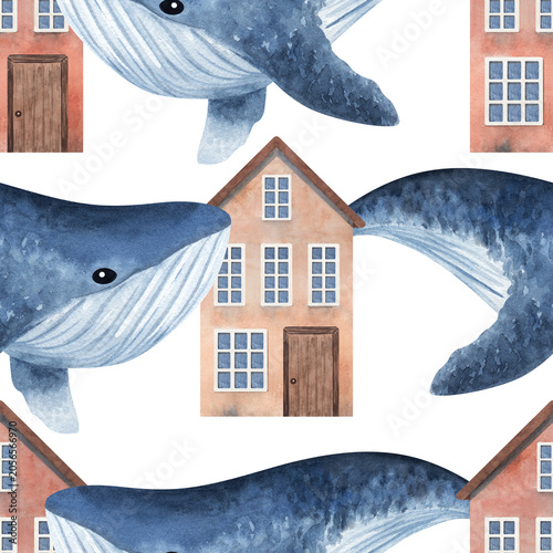 Photography Whimsical seamless watercolor pattern with giant blue whales and charming Nordic houses