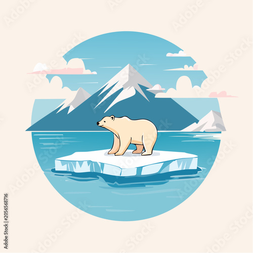 Polar Bear on Ice Floe with Snowy Mountains Background