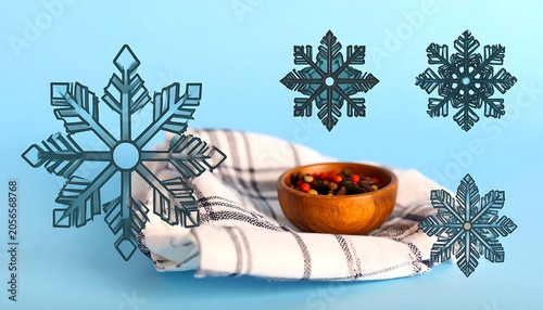 Decorative Snowflake Icons Surrounding Wooden Bowl of Peppercorn on Striped Cloth Against Blue Background