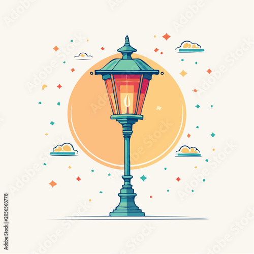 Vintage Street Lamp with Glowing Flame and Festive Decorations
