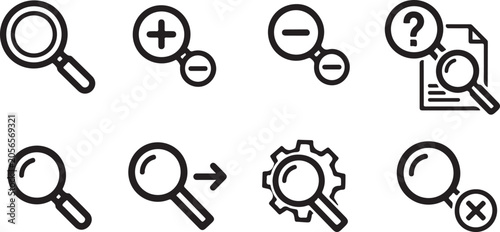 Cuadro en lienzo Eight search icon variations with plus minus symbols