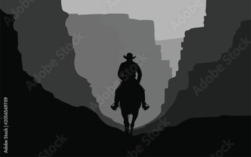 Foto Silhouette of a cowboy on horseback traveling through a narrow canyon with silho