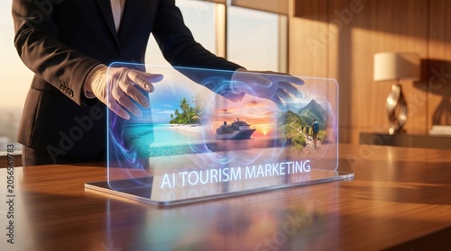 AI Tourism Marketing Learning Concept with Professional Hands Interacting with Glowing Holographic Interface Featuring Beaches, Cruise Ship and Adventure Destinations in Modern Luxury Office