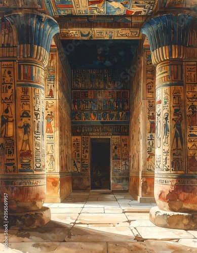 Ancient Painted Stone Columns Framing Temple Corridor with Hieroglyphic Walls
