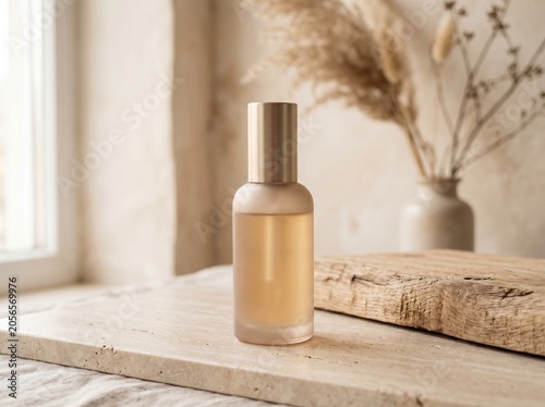 Minimalist amber glass bottle with dropper on wooden windowsill in soft natural light