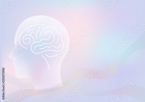 A pastel colored illustration of a human head in profile with a brain visible through a transparent skull on a soft gradient background