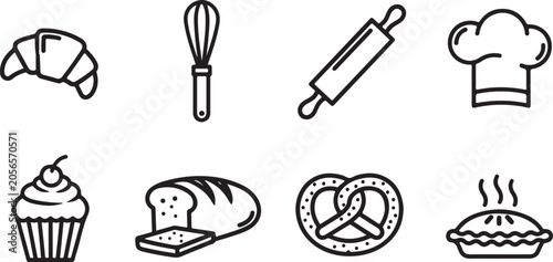 Photos Flat line icons set of baking tools and pastries
