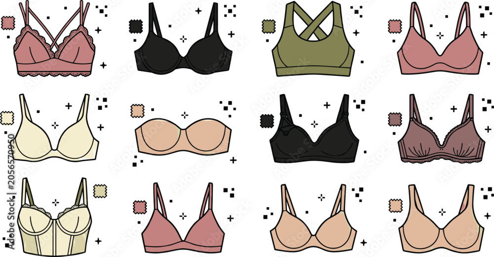 Fototapeta premium Women's Bra Collection with Lingerie Styles, Bralette, Sports Bra, Strapless, Push Up, and Intimate Apparel Vector Illustrations