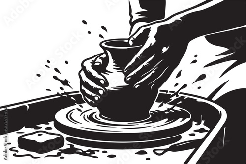 Black and White Linocut Style Illustration of Potter Hands Shaping Clay Vase on Spinning Wheel - Craftsperson Making Ceramic Pottery Vessel in Studio Workshop