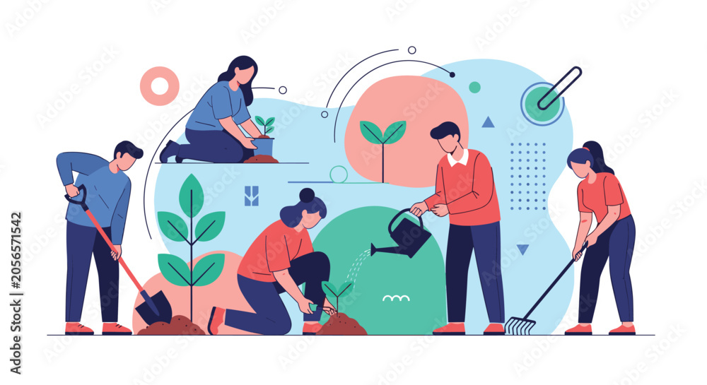 Fototapeta premium Diverse group of people works together in a garden planting new trees and watering sprouts to promote environmental sustainability.