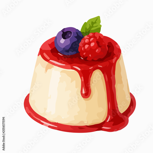 Tableau sur toile Creamy Panna Cotta Dessert Illustration With Berry Sauce And Fresh Fruit Topping