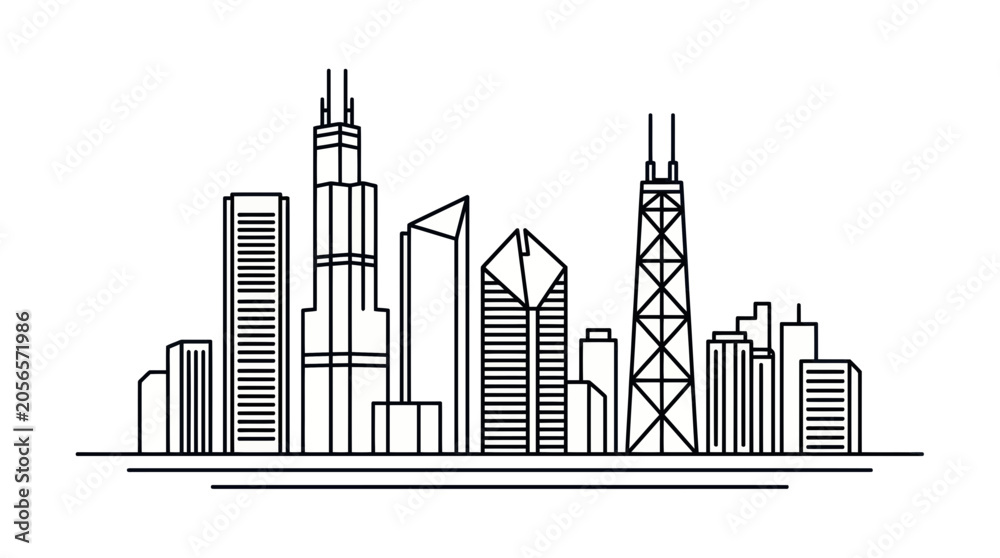 Obraz premium Chicago Skyline Line Art Illustration - Iconic Buildings Silhouette