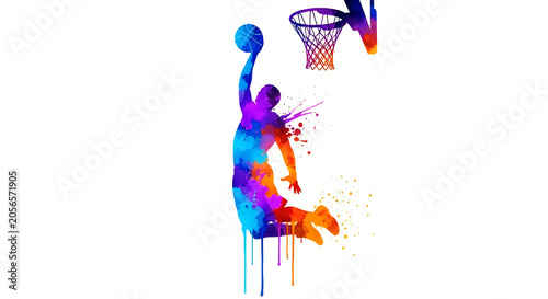 Vibrant watercolor silhouette of a basketball player dunking a ball, with a basketball hoop in the background, against a white backdrop