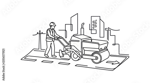 Obraz na plátně Construction worker with road roller compacting asphalt on city street, urban de