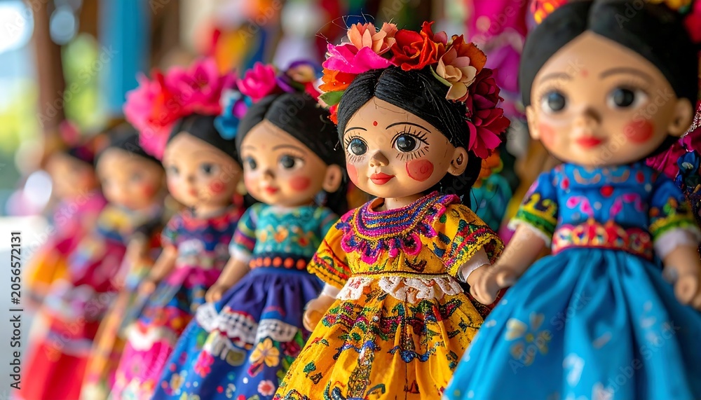 Fototapeta premium Colorful Handmade Folk Dolls Displayed in Traditional Dresses on Market Stall