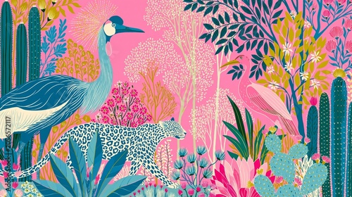 minimal japanese jungle illustration with vibrant birds leopards and flowers