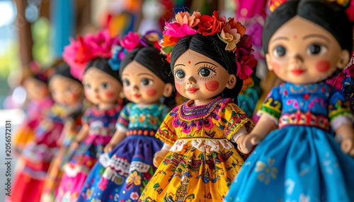 Colorful Handmade Folk Dolls Displayed in Traditional Dresses on Market Stall