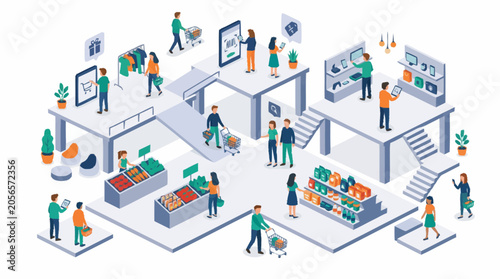 Isometric illustration of people shopping in a modern retail store.