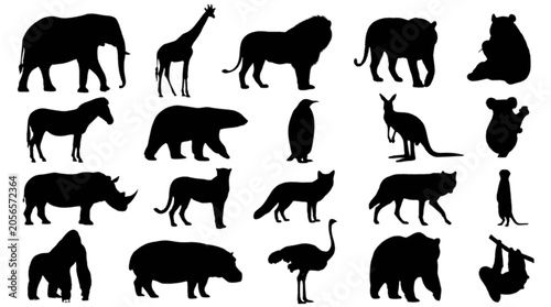 Photography Black and white animal silhouettes collection isolated on transparent background