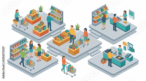 Isometric illustration of people shopping in a modern supermarket with aisles and checkout counters.