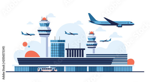 Busy international airport illustration features multiple airplanes taking off and landing near several control towers and terminals.