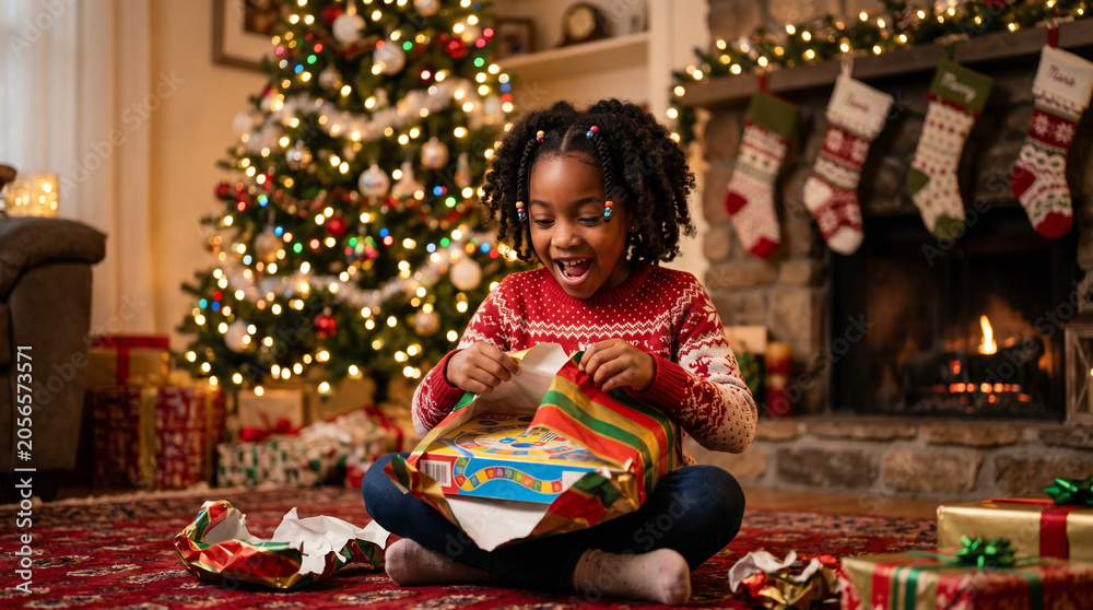 Fototapeta premium Excited little girl opening christmas present in cozy living room with decorated tree
