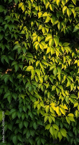Lush Green Vine Leaves Covering Wall in Warm Sunlight