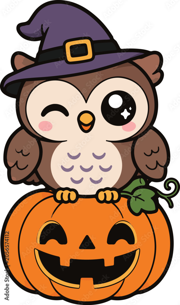 Fototapeta premium Cute Halloween Owl Wearing Witch Hat on Pumpkin Kawaii Cartoon Vector Illustration
