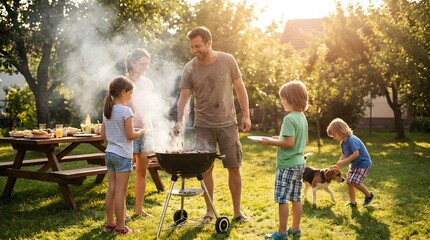 Father grilling barbecue in backyard with family, summer weekend, casual clothing, smoke and warm light, candid family lifestyle photography, Father's Day celebration
