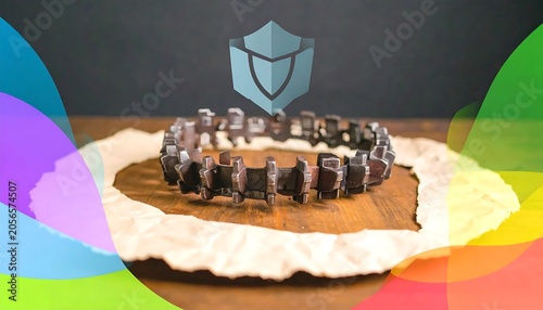 Rustic Metal Gear Bracelet Displayed on Wooden Slice with Security Shield Icon