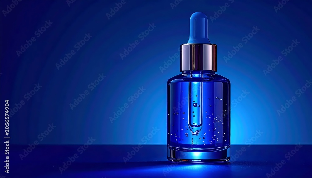 Naklejka premium Blue Glass Dropper Bottle Standing on Reflective Surface in Glowing Studio Background