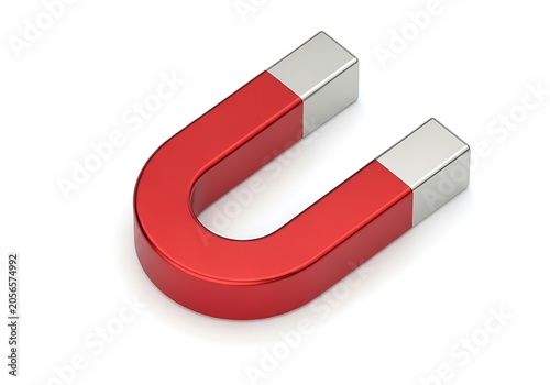 A red horseshoe magnet with silver poles on a white background