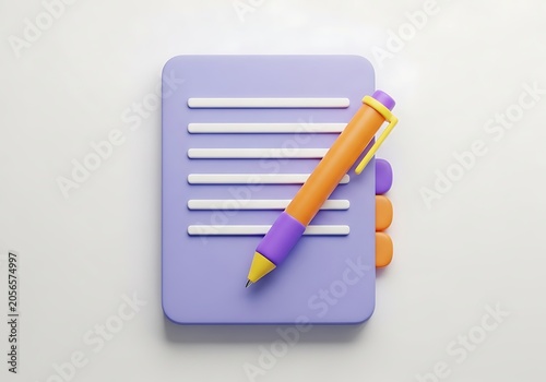 3d render of a lilac notepad with an orange and purple pen minimalist design for business concepts