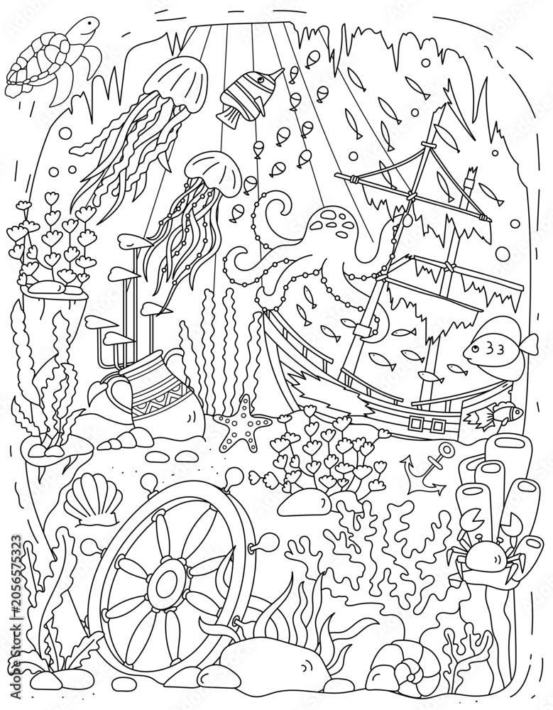 Obraz premium Coloring Page For Kids And Adults Featuring A Sunken Ship And Sea Floor