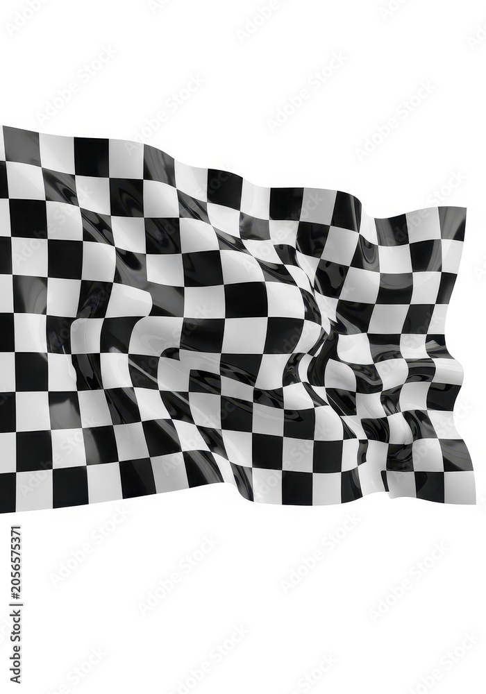 Naklejka premium Waving Checkered Racing Flag Isolated on White Background - 3D Rendered Finish Line Symbol for Sports and Competition