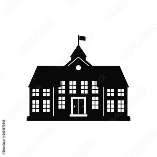 Black silhouette icon of a classic school building with a flagpole isolated on a white background