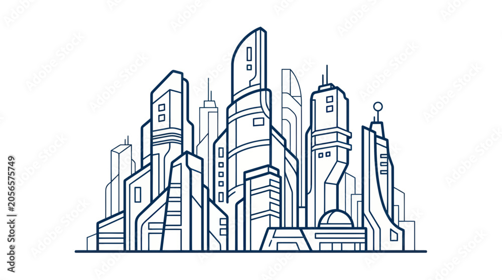 Obraz premium Futuristic Cityscape Outline Drawing - Modern Architecture Skyline