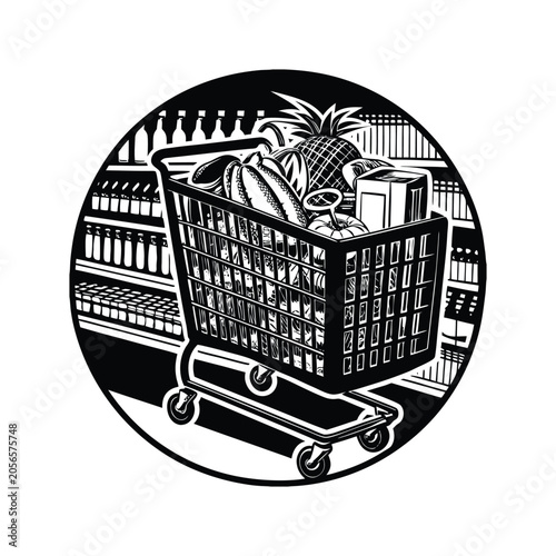 Black and white vector illustration of a shopping cart filled with groceries in a supermarket