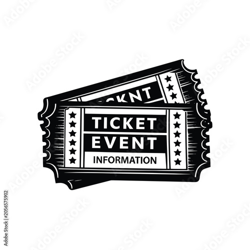 Pair of vintage event tickets with stars, black and white vector illustration for admission