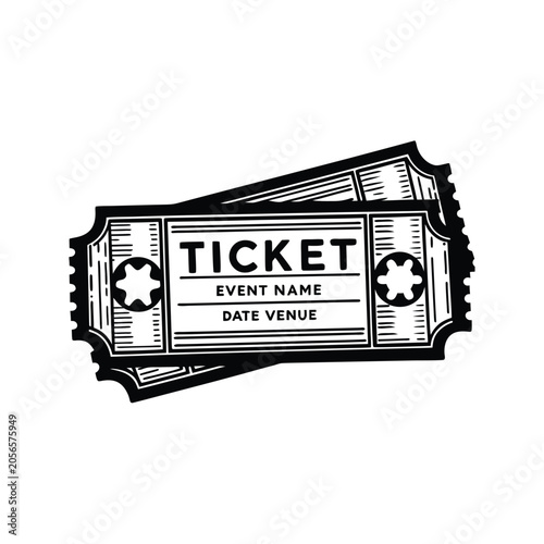 Classic event ticket stub icon, black and white vector graphic for concert or show entry
