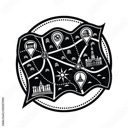 Travel map with location pins and landmarks, black and white vector illustration for tourism