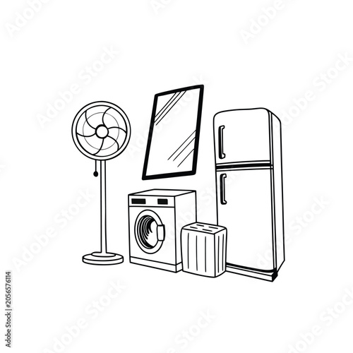 Collection of household appliances including a fan, refrigerator, and washing machine line art.