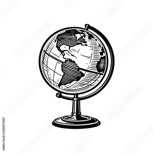 Classic engraved style globe on a stand showing continents for education and world geography.