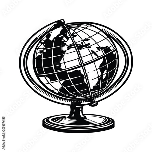 Detailed vintage style globe illustration on a stand representing world travel and geography.