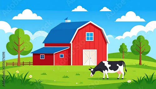 Colorful Red Barn and Black White Cow Standing in Sunny Green Farm Landscape