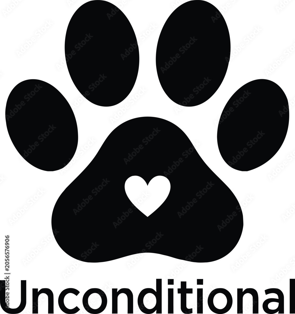 Fototapeta premium Unconditional pet love vector typography design. Minimalist dog or cat paw print silhouette with a heart shape inside isolated on white background.