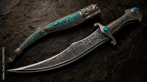 Tableau sur toile Curved dagger with intricate arabesque patterns and turquoise inlaid scabbard